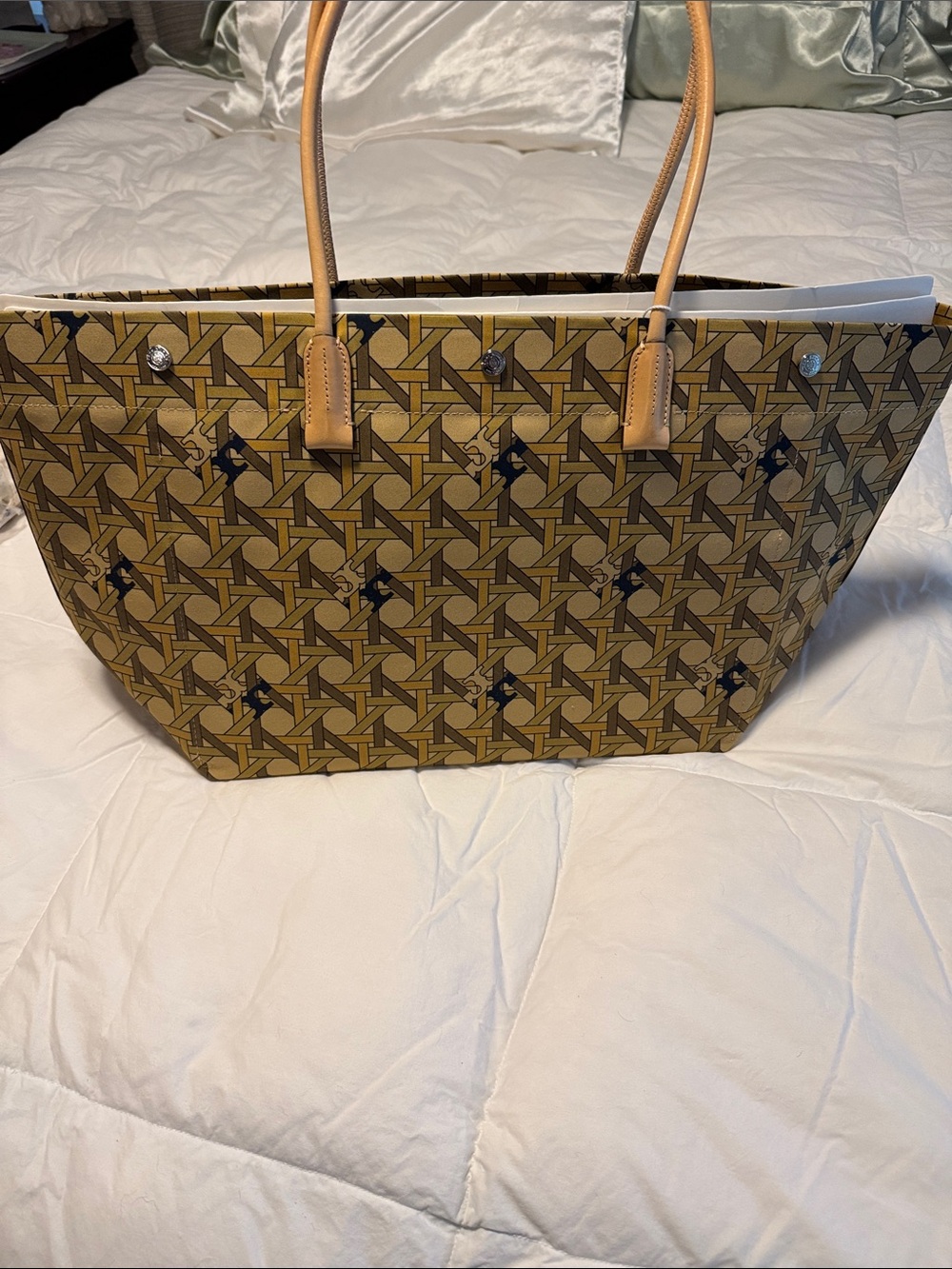 Tory Burch Canvas Basketweave Tote in Tan and Black 21”X 11” X 7”.